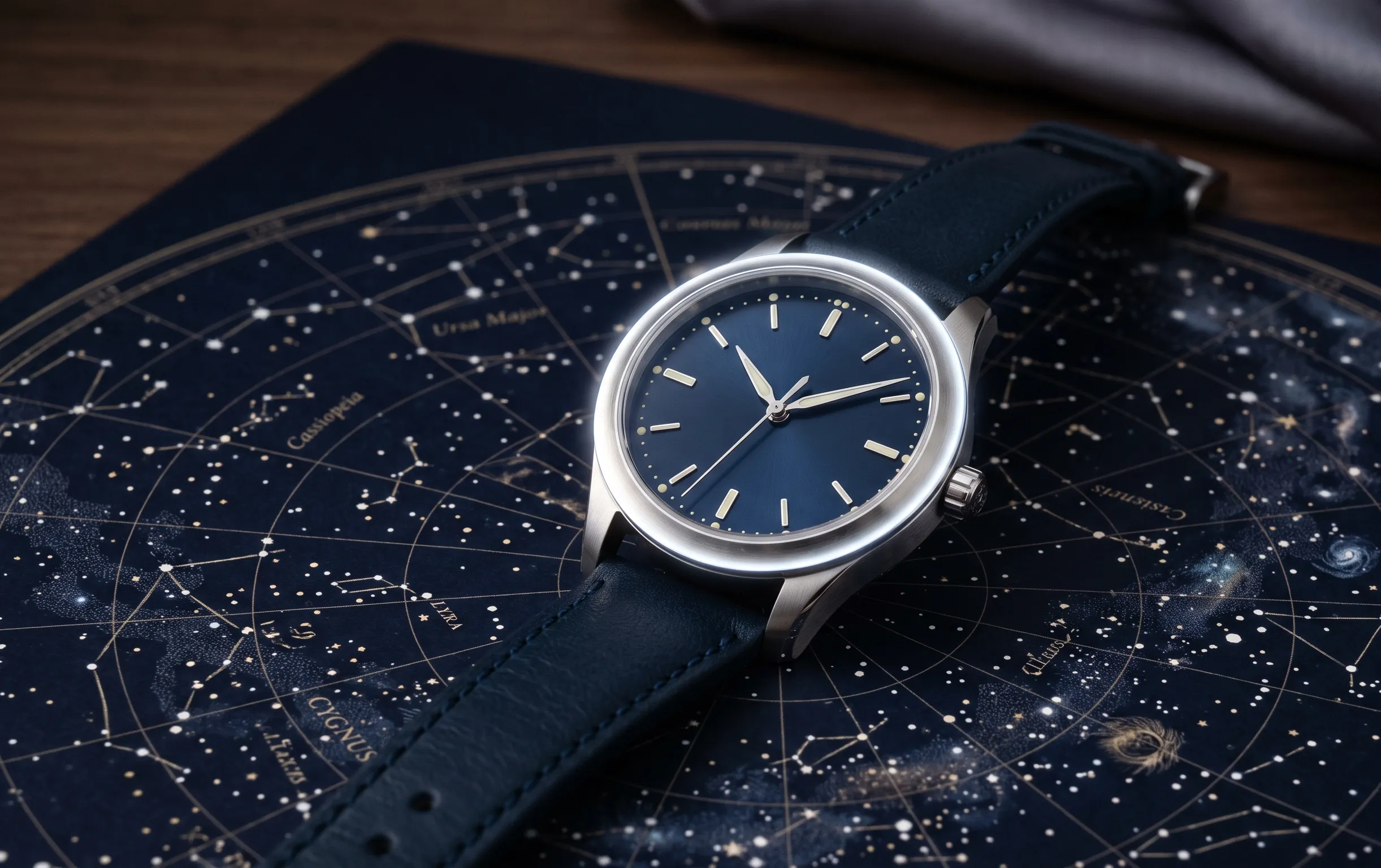 Montre de luxe à quartz haut de gamme posée sur une carte céleste avec des reflets argentés.