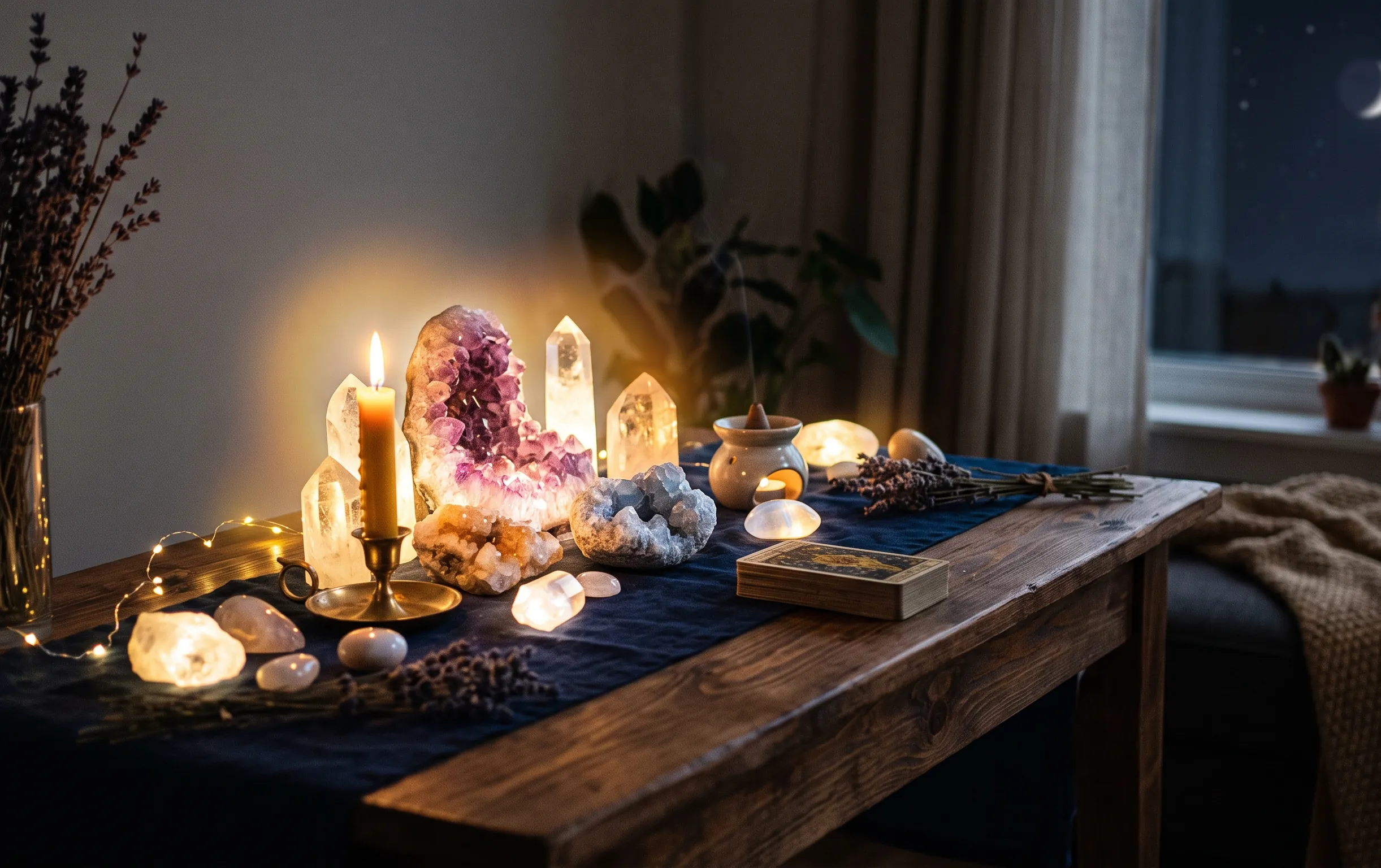 Des cristaux brillent sur une table en bois sous une douce lumière lunaire