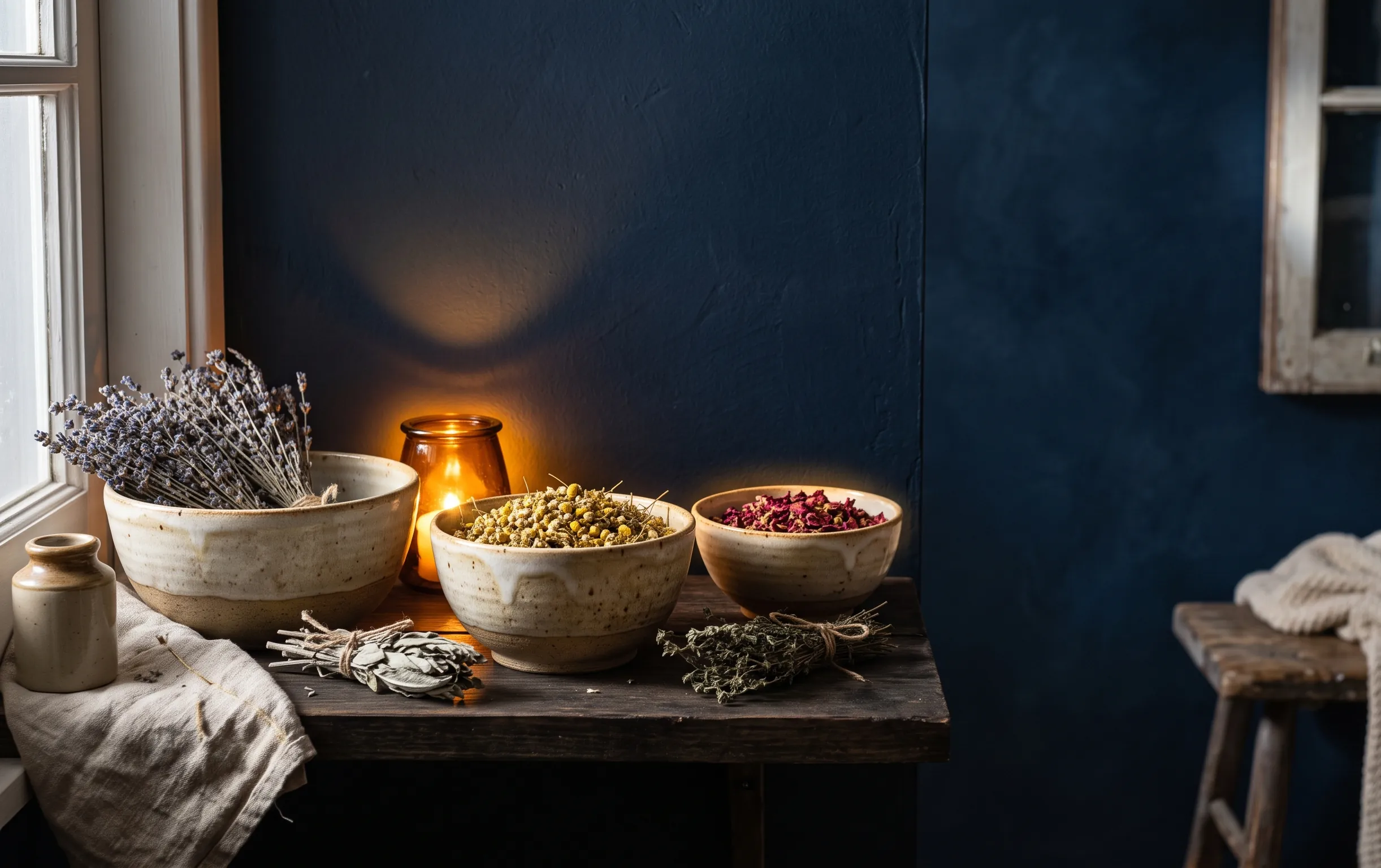 infusion relaxante : Des bols en céramique remplis de plantes séchées reposent sous un halo lunaire