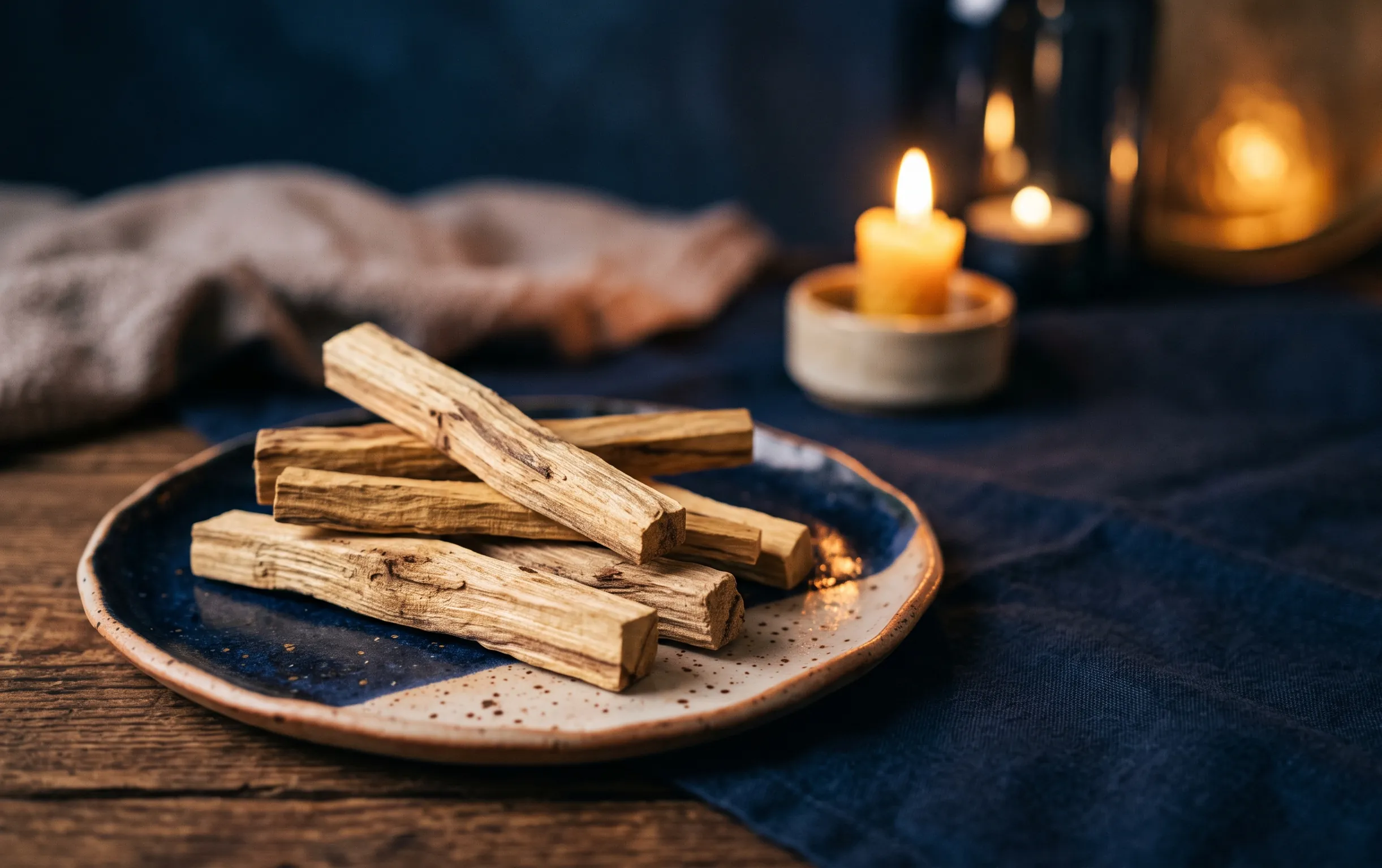 palo santo : Des morceaux de bois odorant reposent sur une coupelle en céramique
