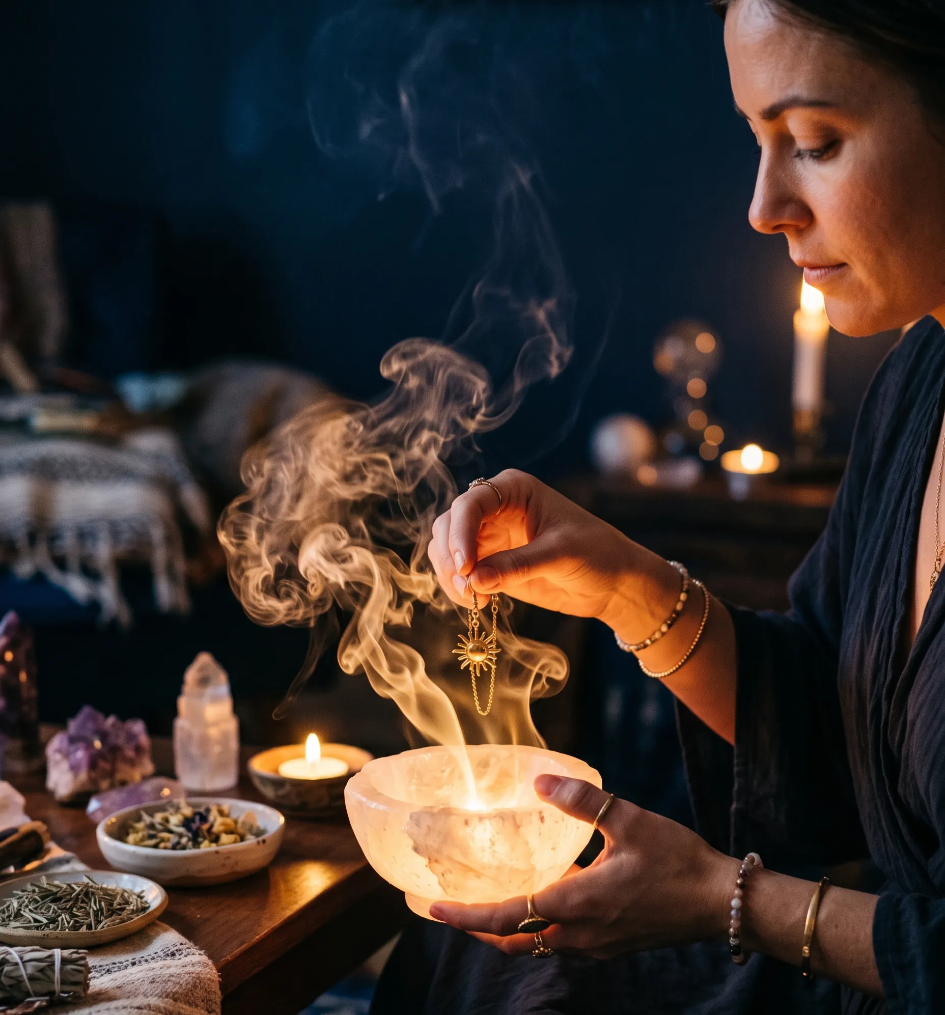 Rituel de purification douce pour une boucle d'oreille soleil dans une ambiance nocturne et sacrée.