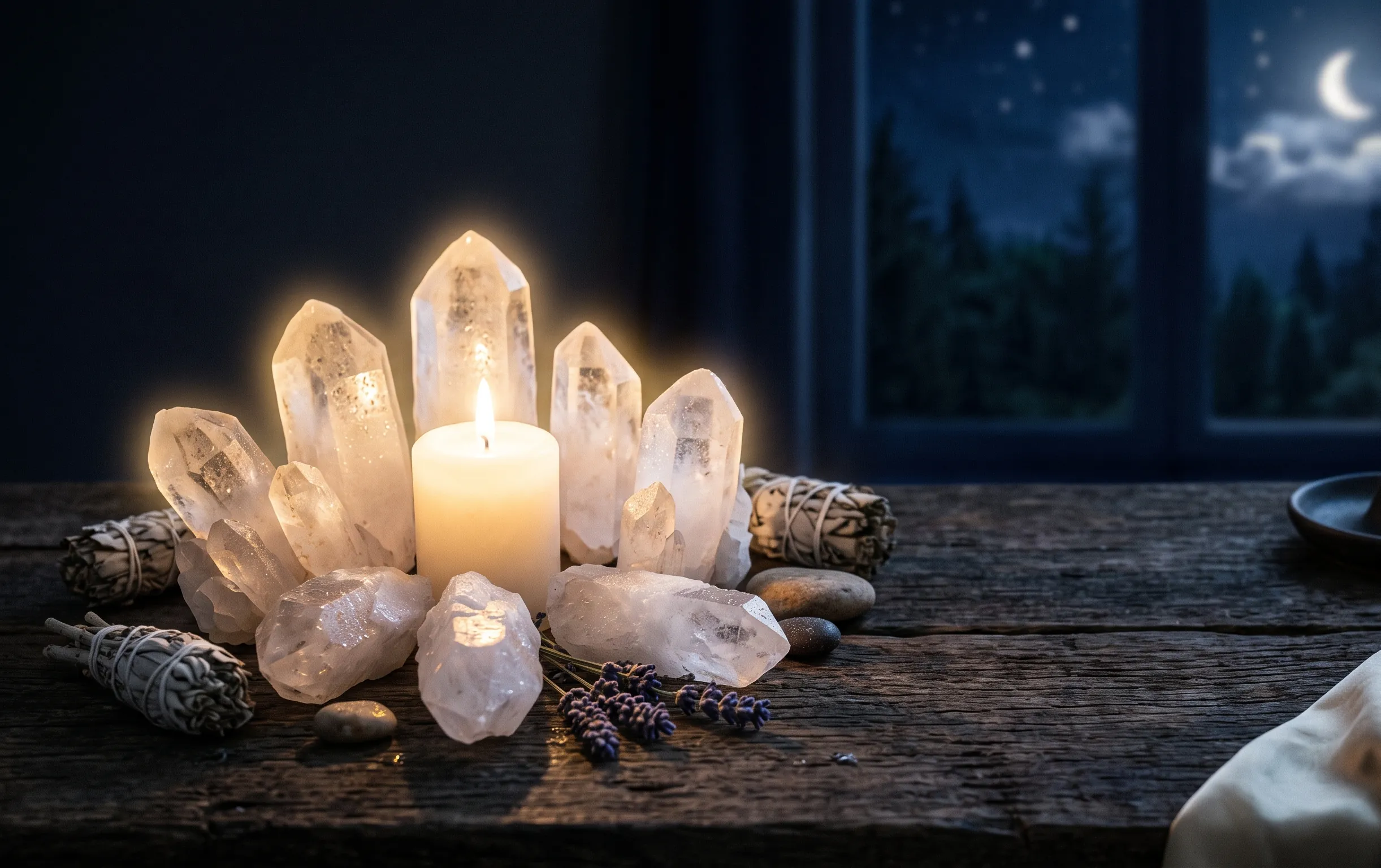 pierre blanche : Des pointes de quartz blanc pur disposées pour une séance de purification énergétique