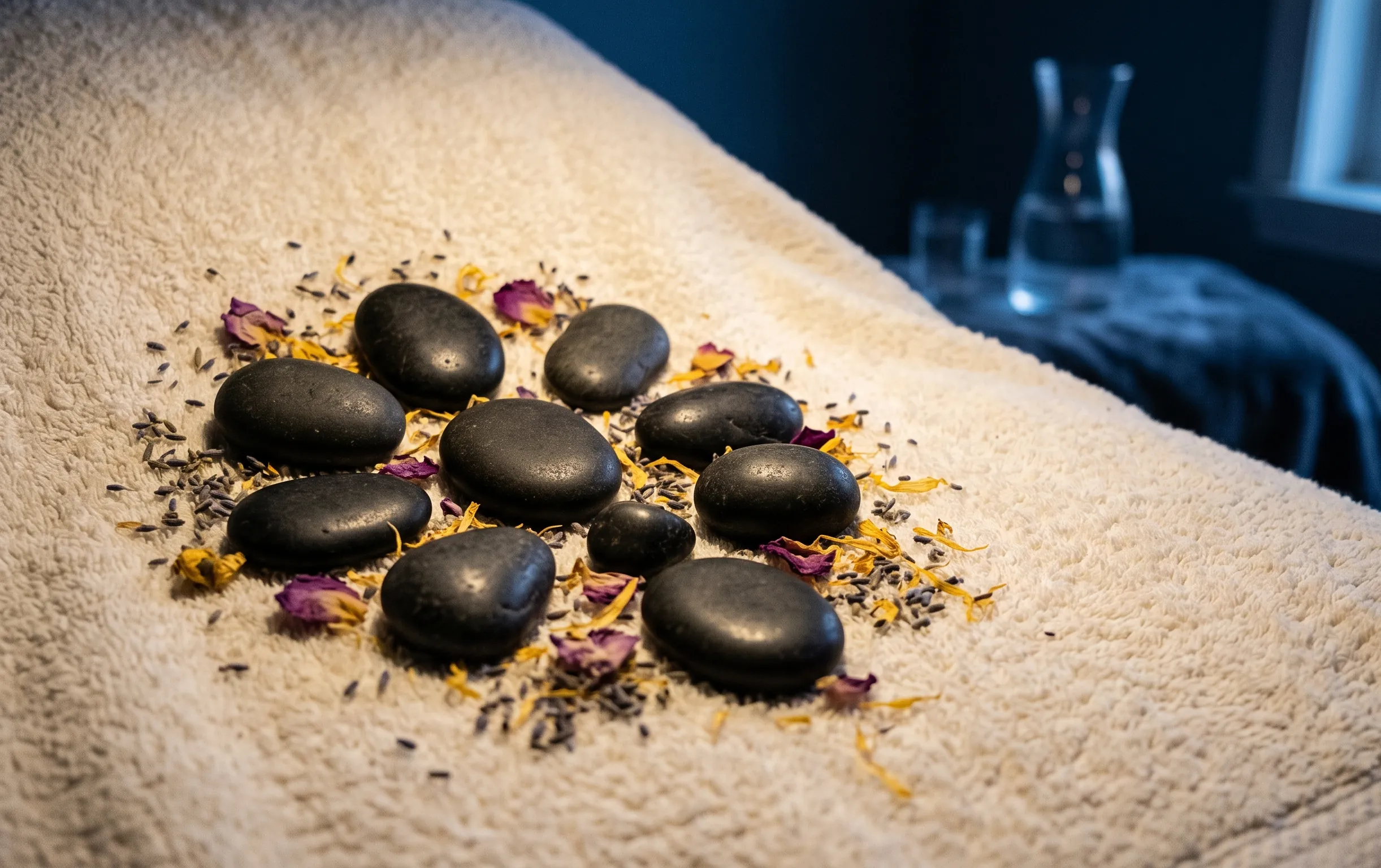 massage pierre chaude : Des pierres de massage disposées harmonieusement avec des pétales de fleurs et une lueur douce