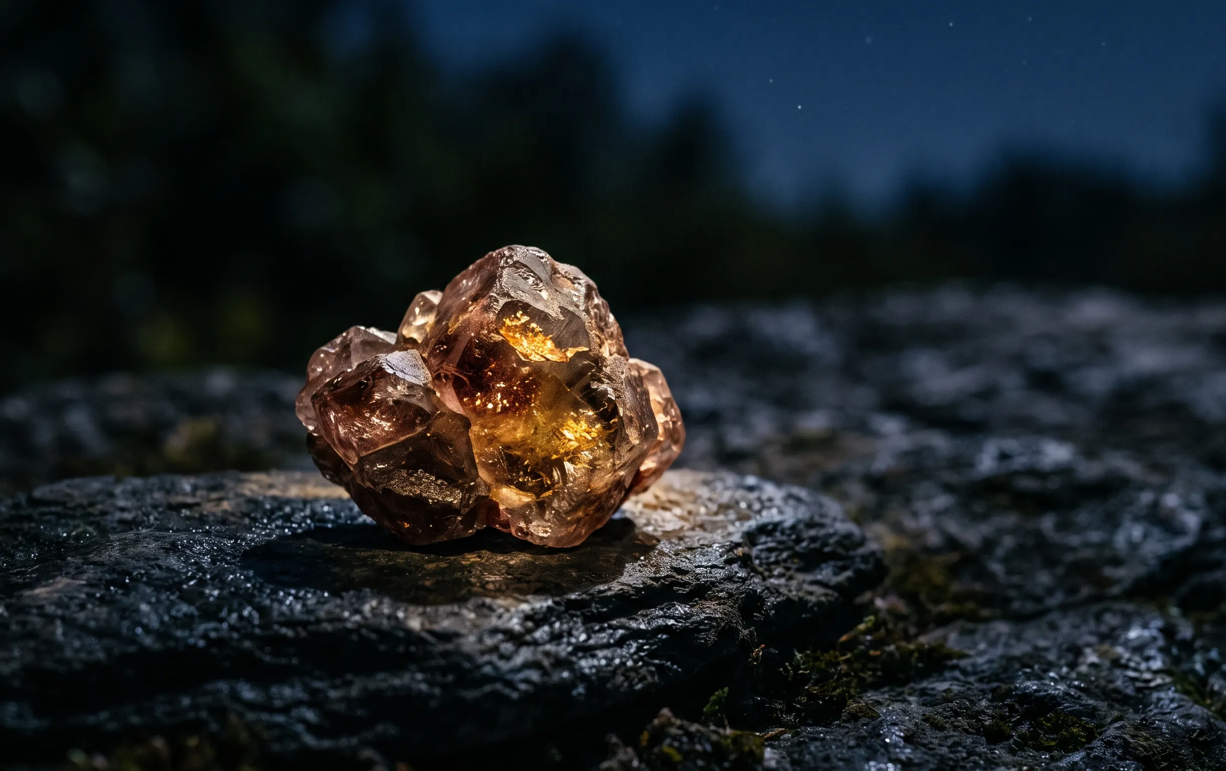 Une pierre brute de zircon repose sur une roche sombre sous la lune