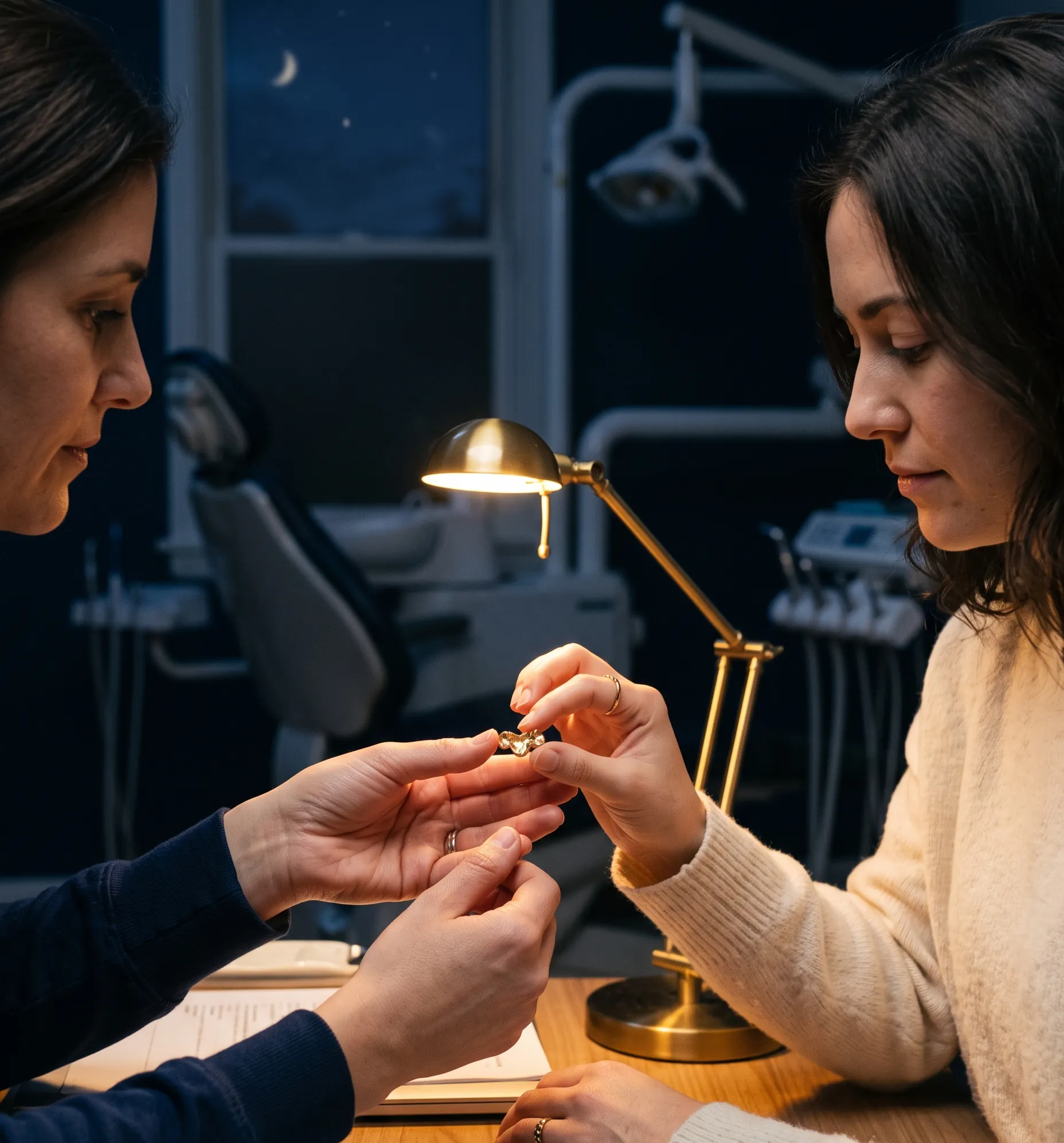 Examen attentif d'un inlay dentaire en or pour illustrer les questions fréquentes.