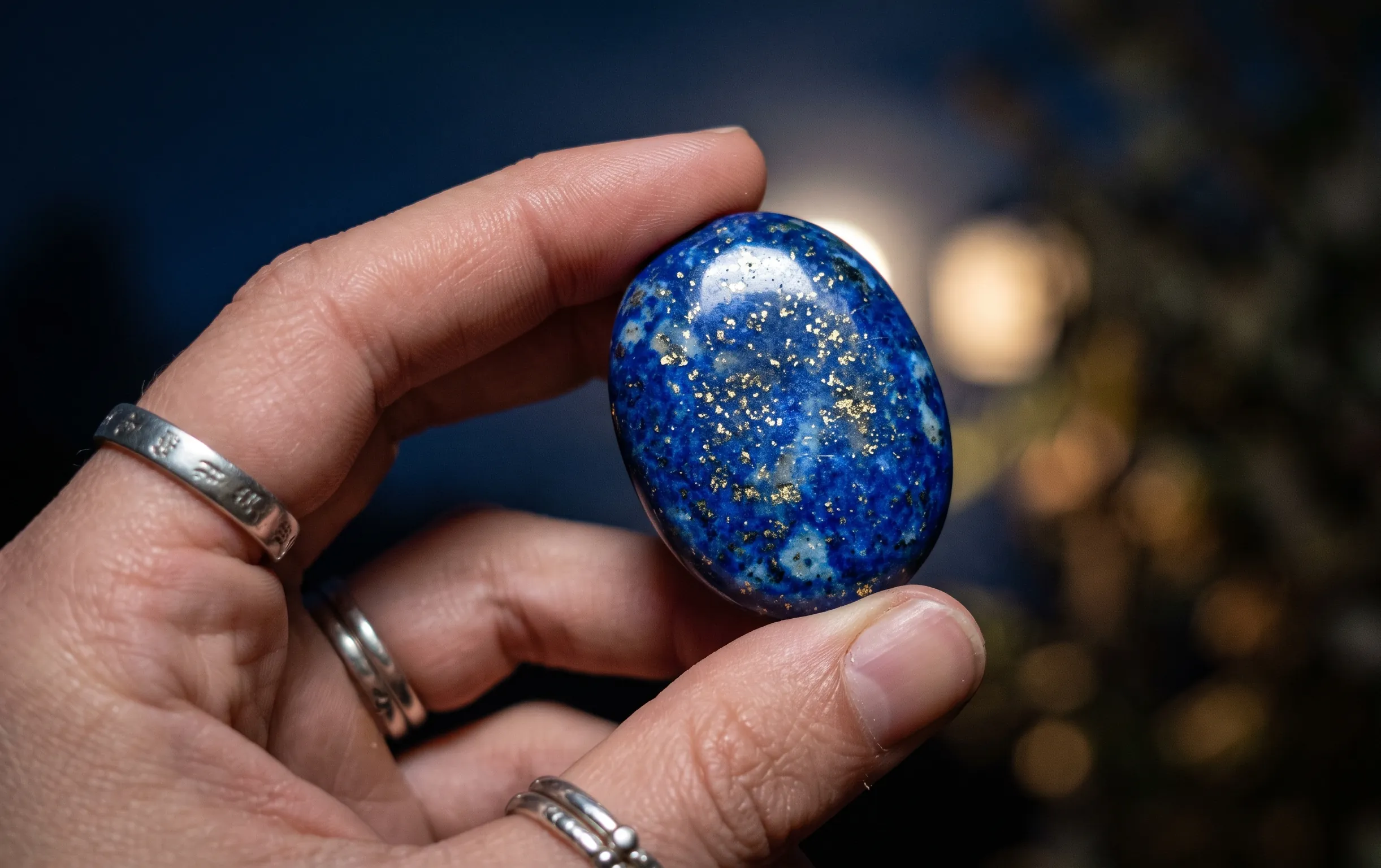 Gros plan sur la texture céleste d'un lapis-lazuli parsemé de reflets dorés.