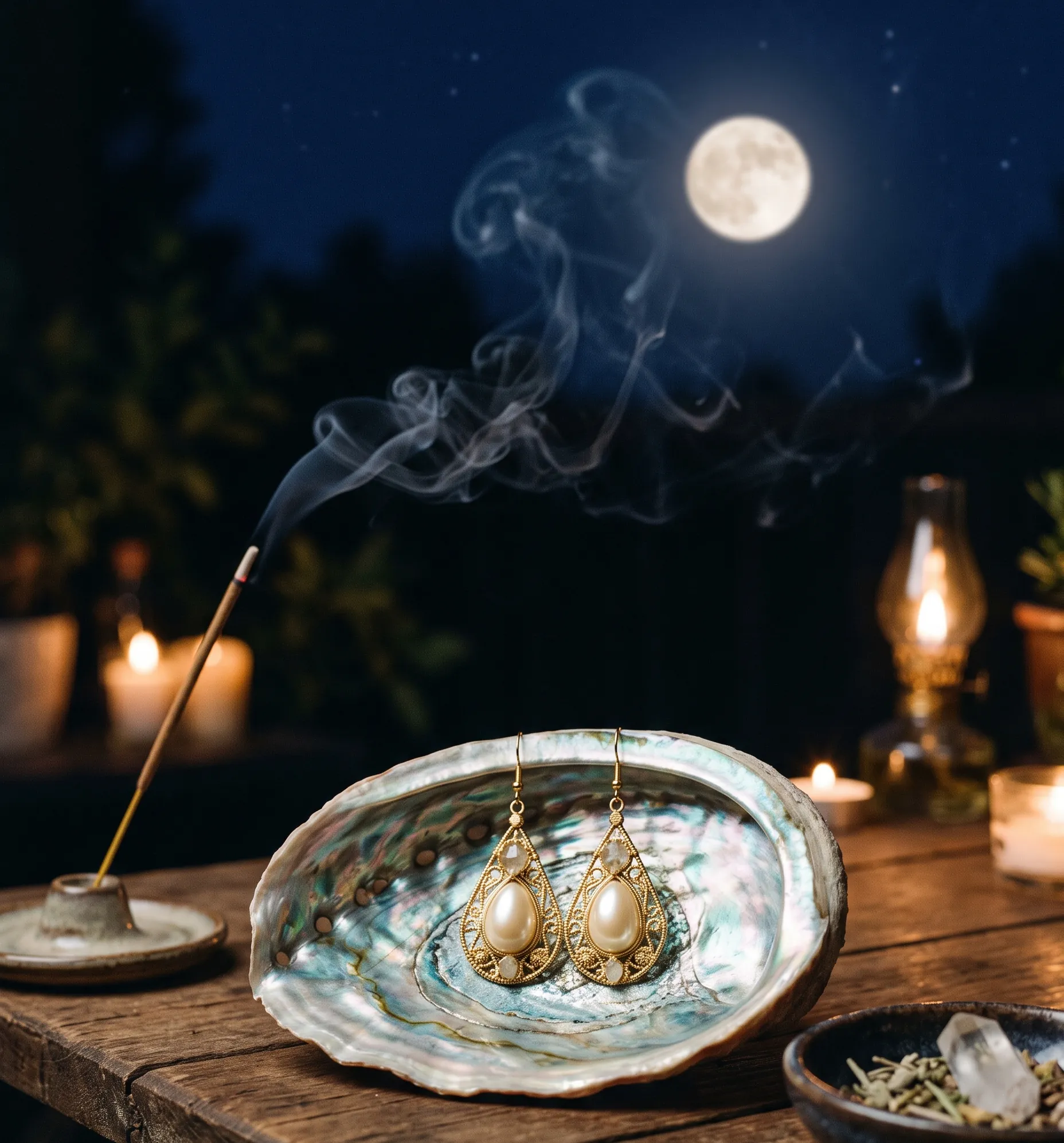 Rituel de purification de boucles d'oreilles en pierres naturelles sous la lumière de la lune