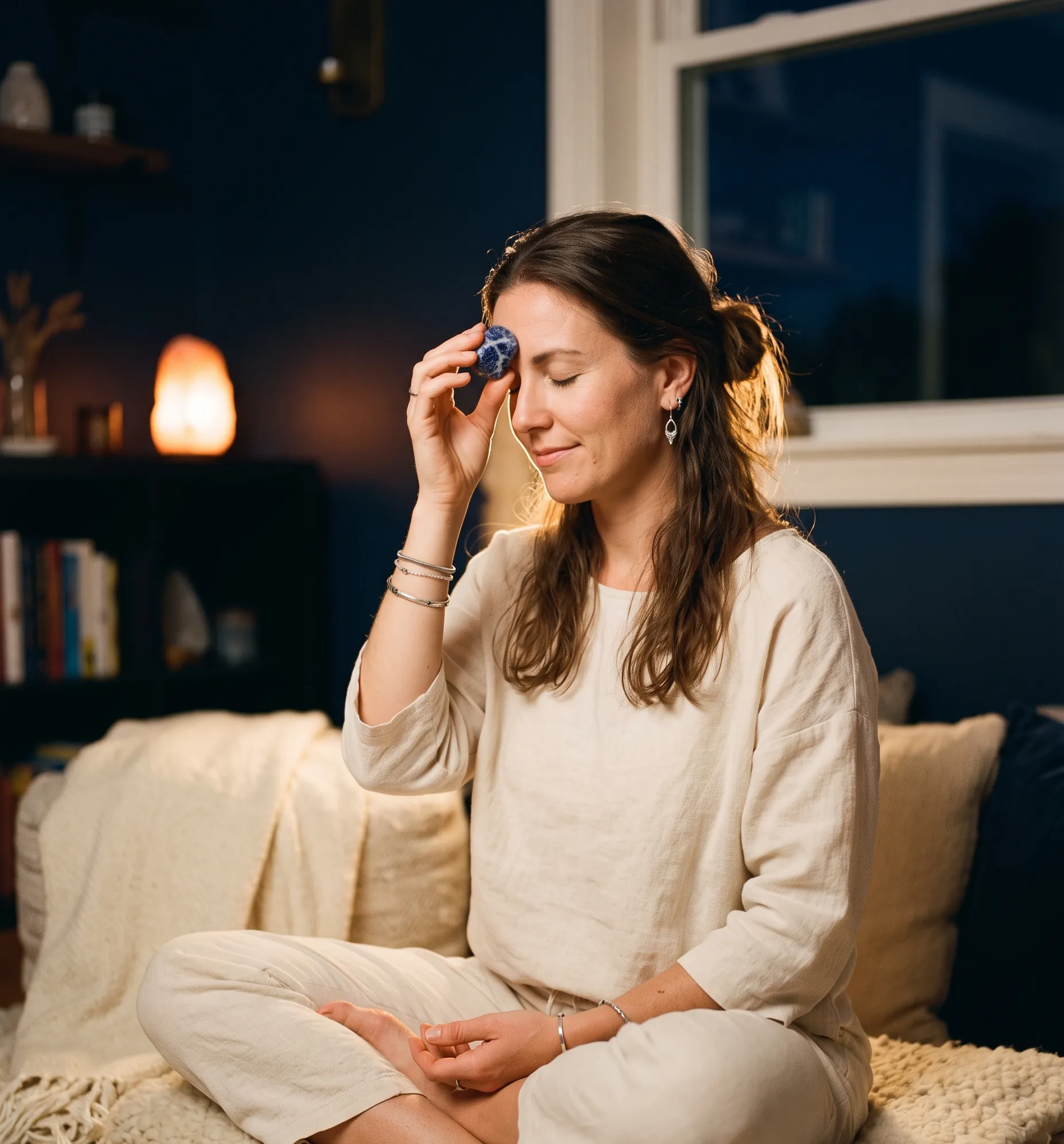 Séance de méditation avec une pierre de sodalite pour favoriser la clarté mentale.