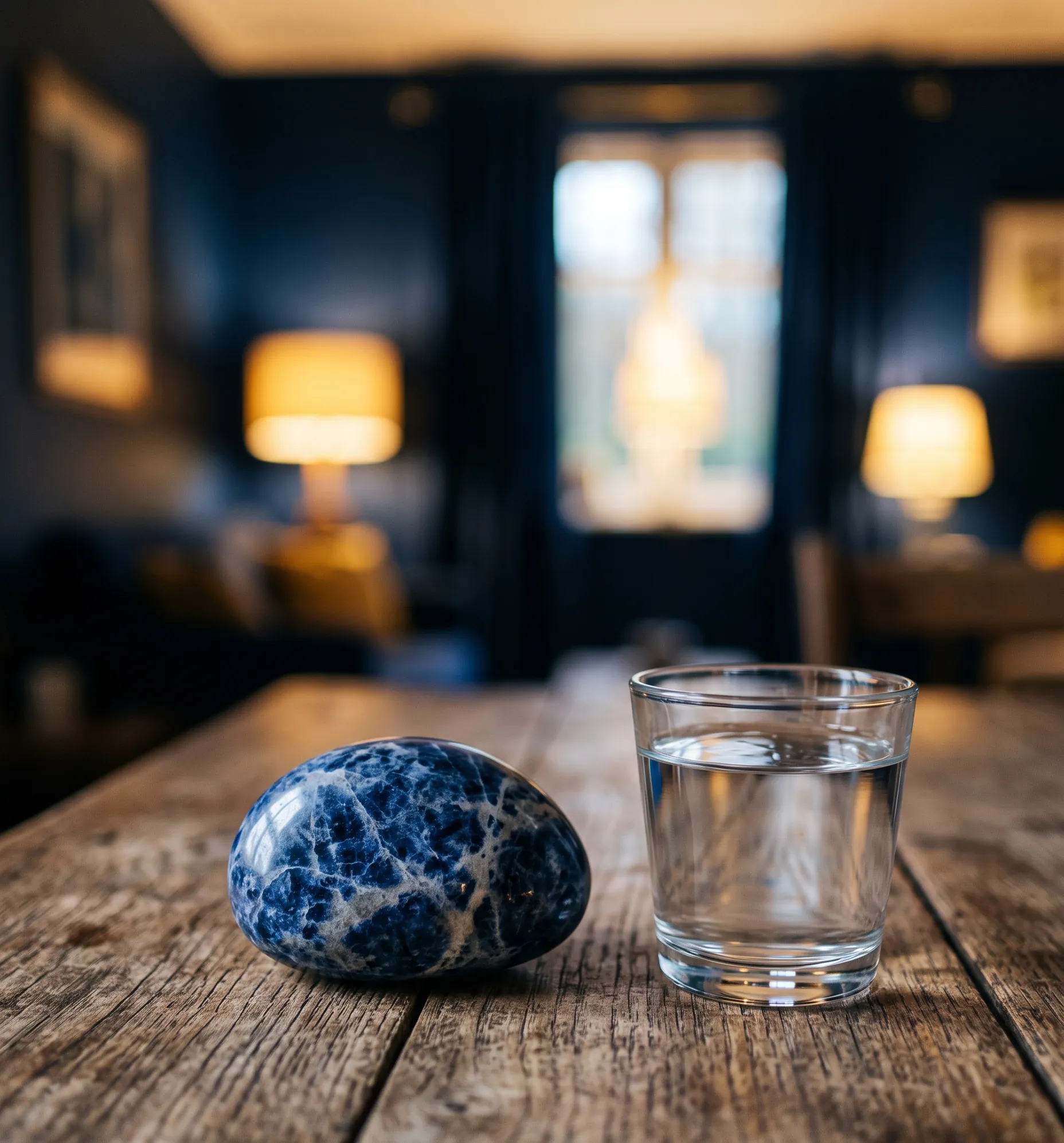 Galet de sodalite bleu profond posé dans un décor apaisant aux lueurs dorées.