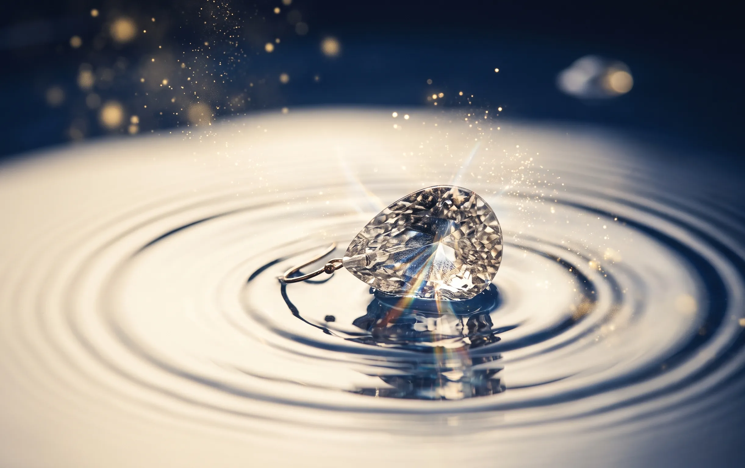 Mise en scène macro d'une boucle d'oreille en goutte d'eau évoquant le flux énergétique et l'élément eau