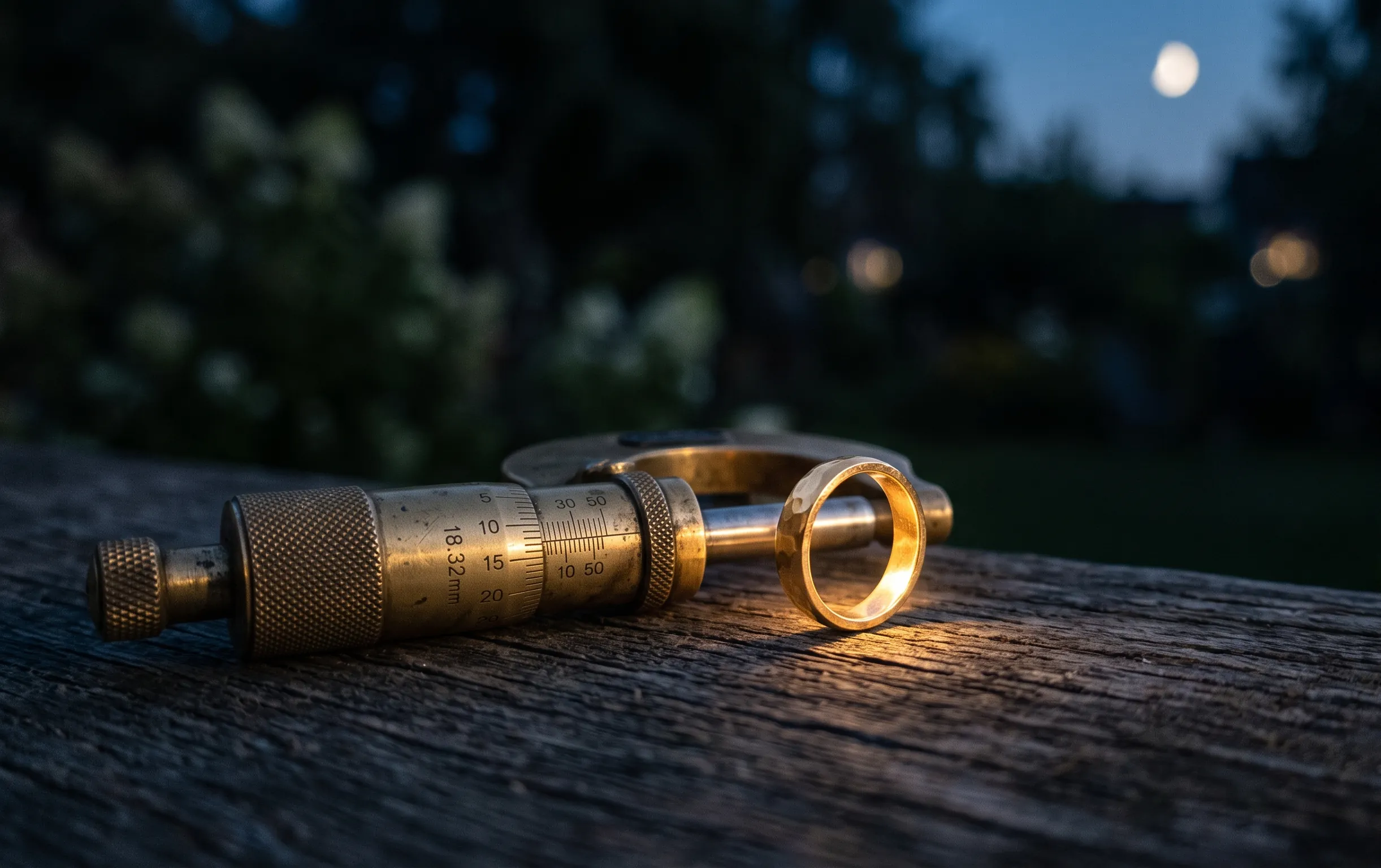 taille bague : Un outil de mesure se pose à côté d un anneau scintillant sous la lune