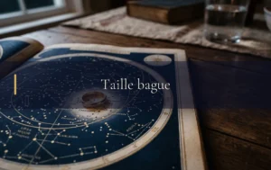 Une bague dorée délicate repose sur une carte céleste pour trouver la bonne taille bague