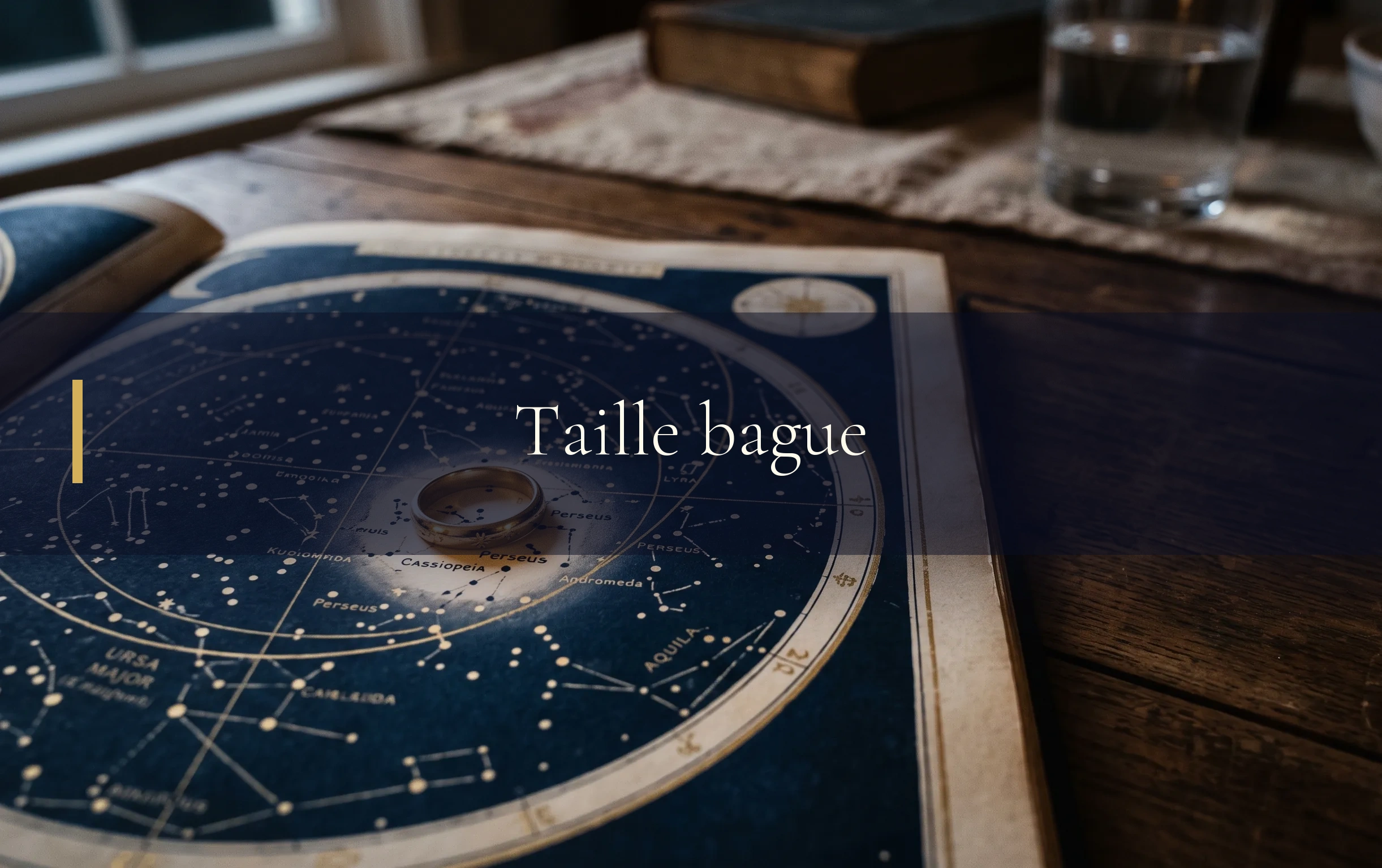 Une bague dorée délicate repose sur une carte céleste pour trouver la bonne taille bague