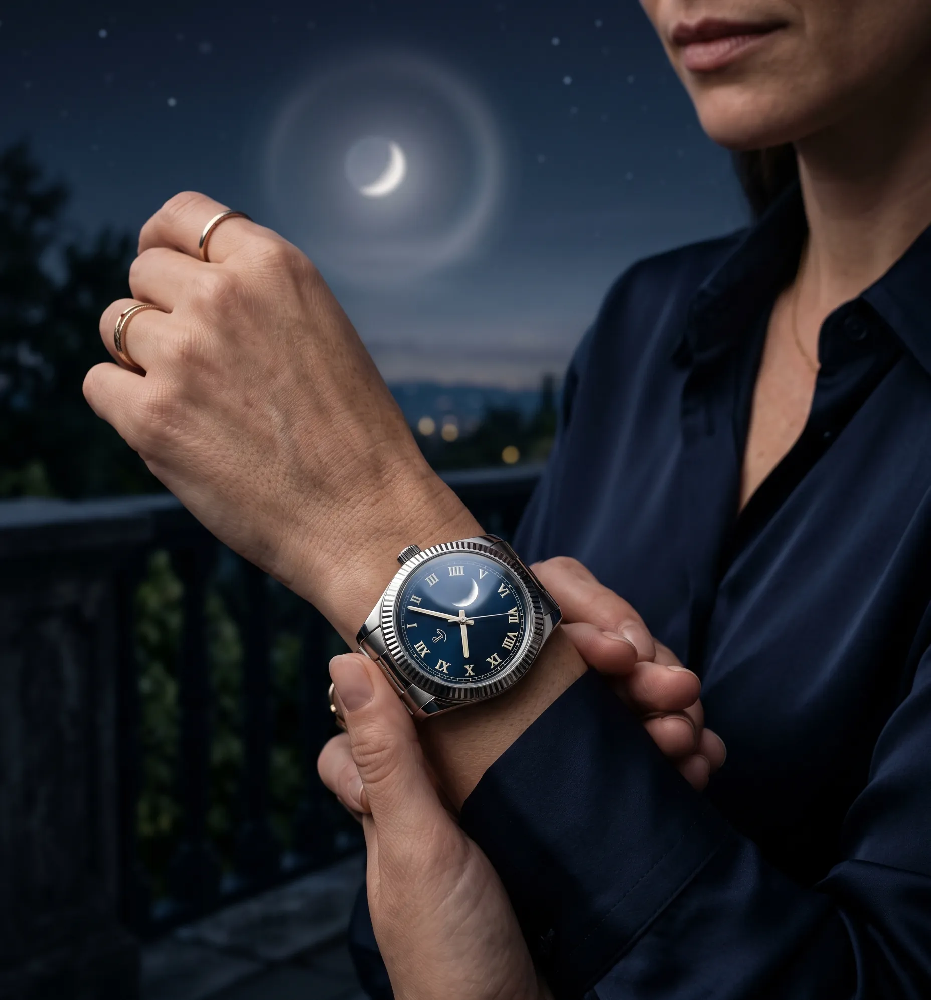 Montre de luxe mettant en valeur son verre saphir transparent reflétant un croissant de lune.